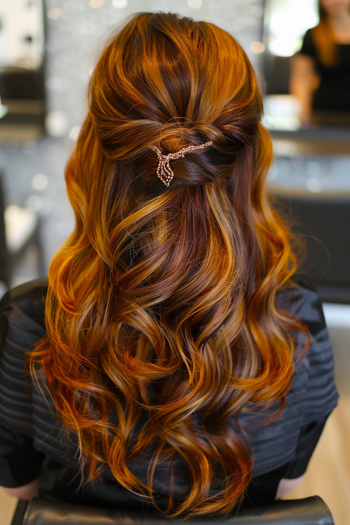 Auburn half-up hairstyle with twisted crown and cascading curls