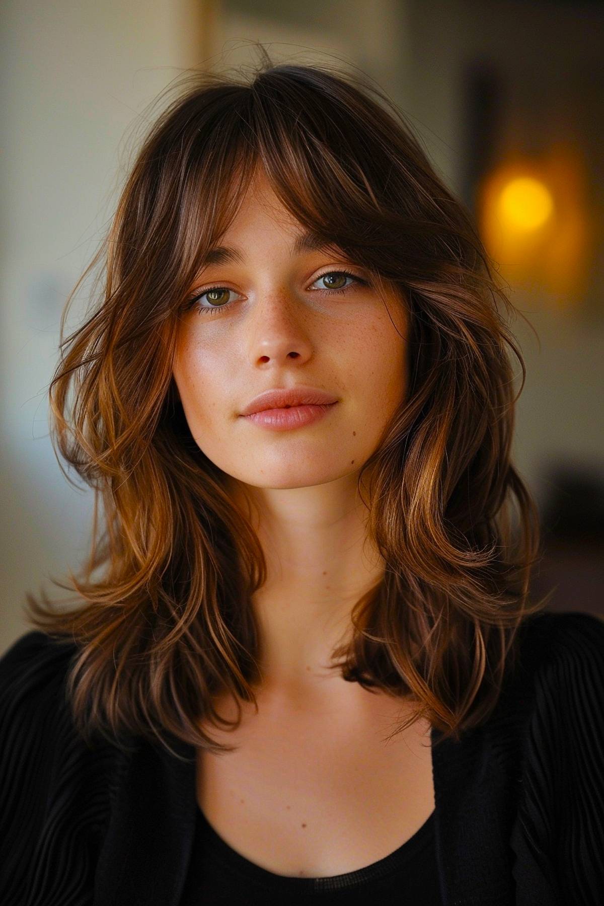 Medium-length layered haircut with curtain bangs and warm brown color