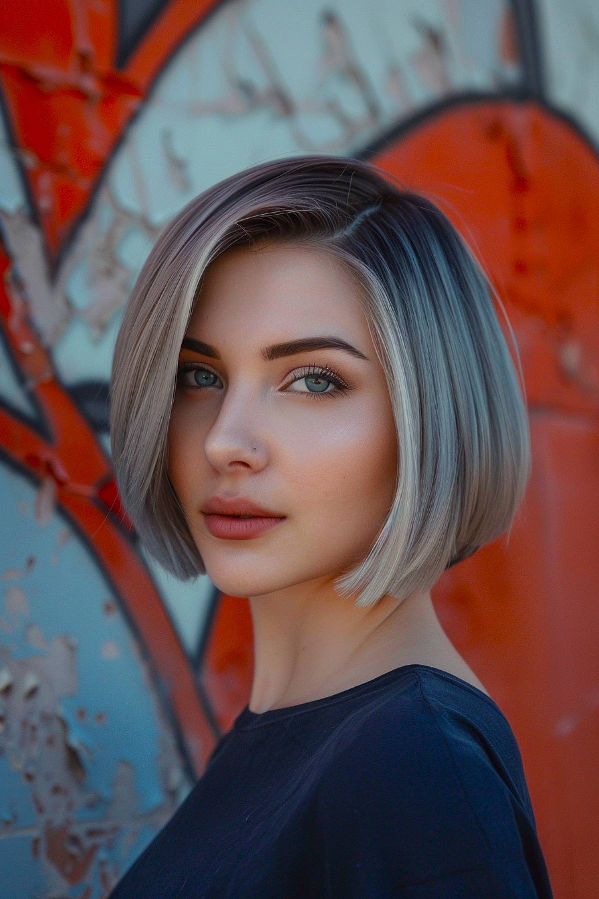 Jaw-length Obscura bobcut with dark ash brown roots and silver-toned ends