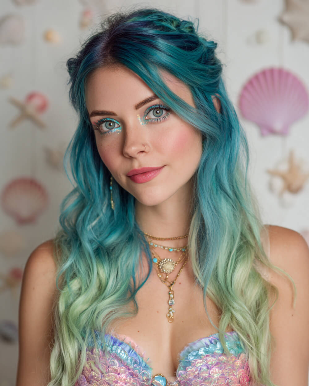 Ocean blue and teal waves with braided crown, mermaid Halloween hair idea