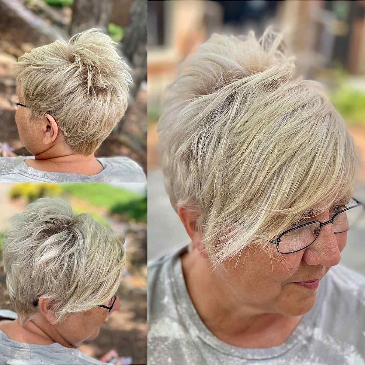 Older woman with an edgy undercut pixie with bangs