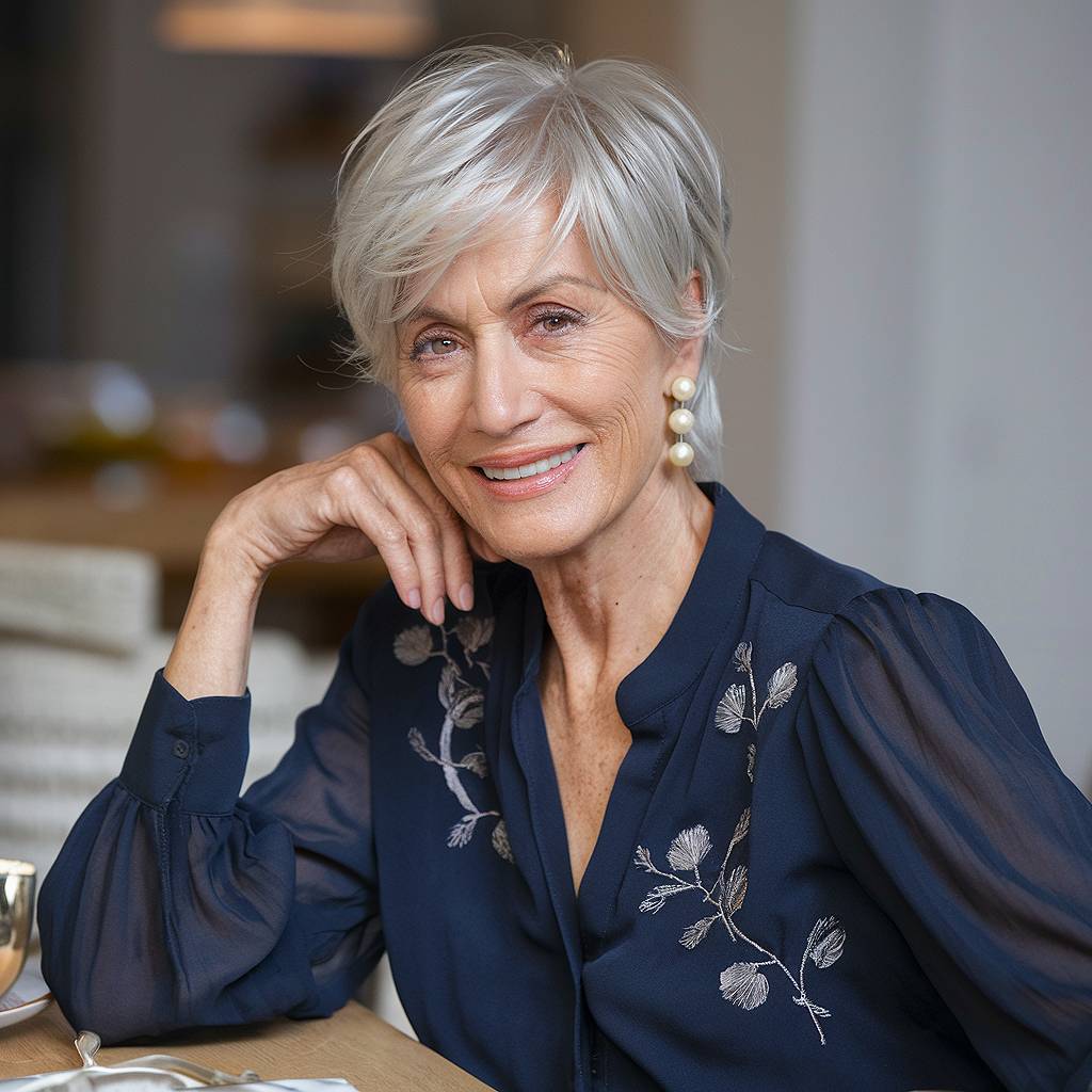 Elegant soft pixie cut for older women with layered bangs, blending silver hair for a natural, sophisticated look