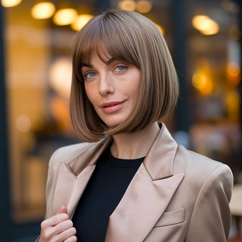 Sleek, one-length bob with curtain bangs, styled for a polished, professional look