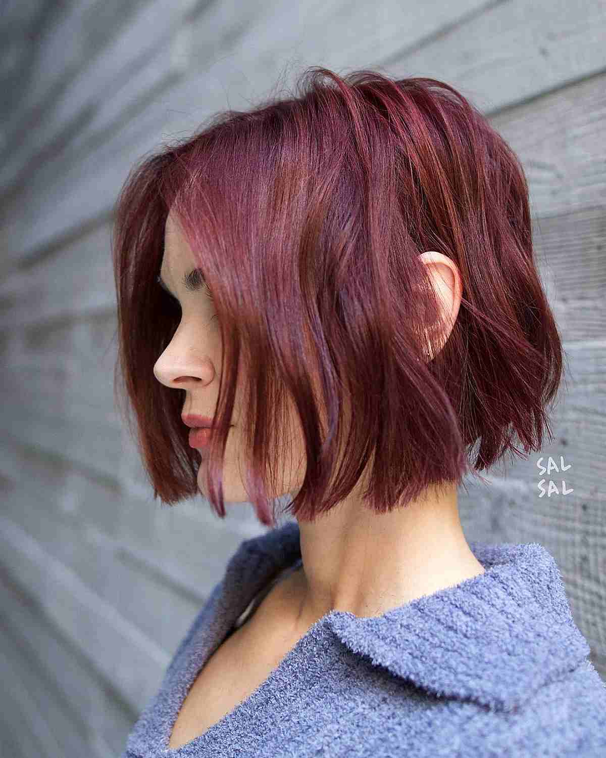 One-Length Maroon Bob Cut with Subtle Waves