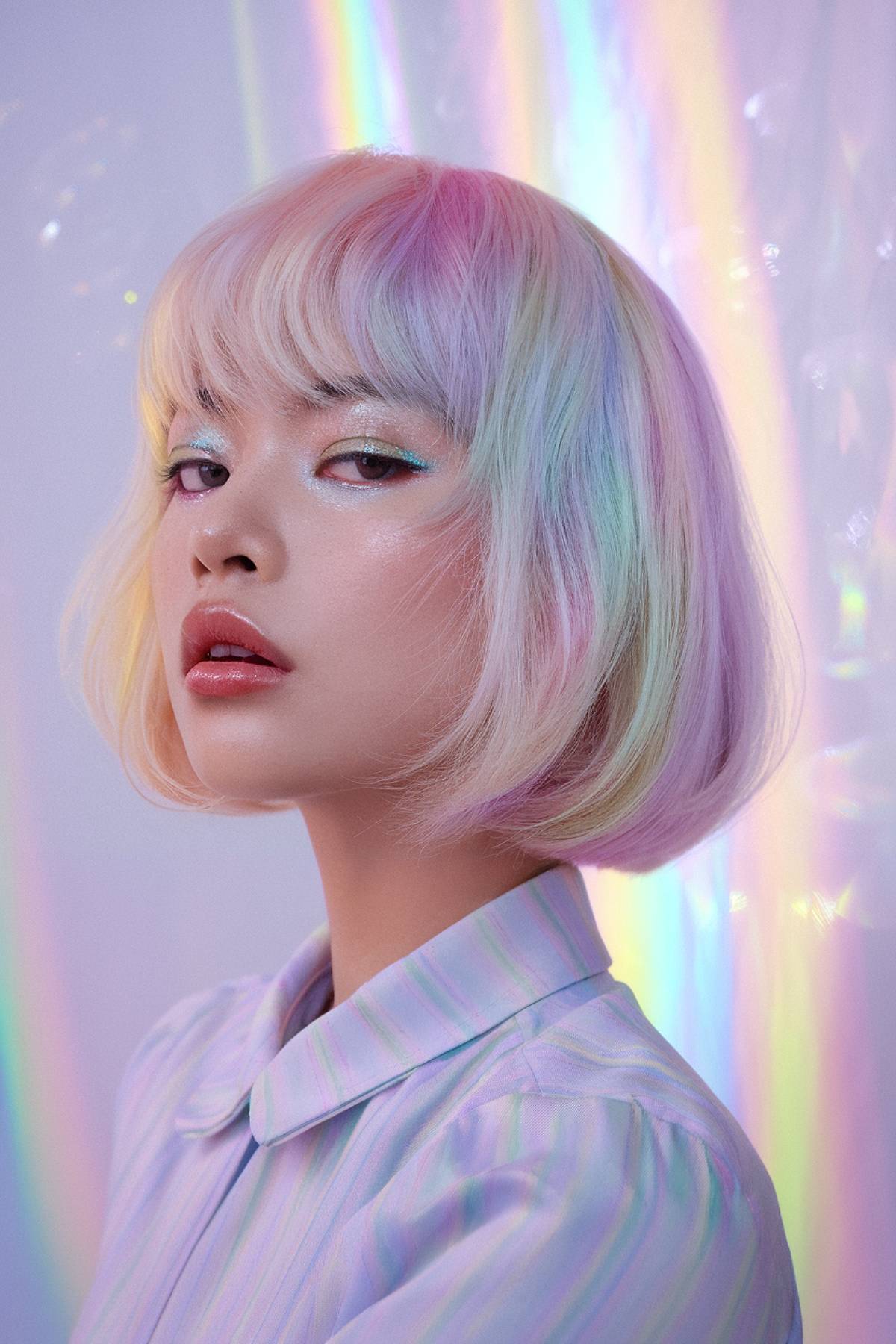 Opal sheen bob featuring a pastel rainbow blend of pink, lavender, blue, and soft gold tones