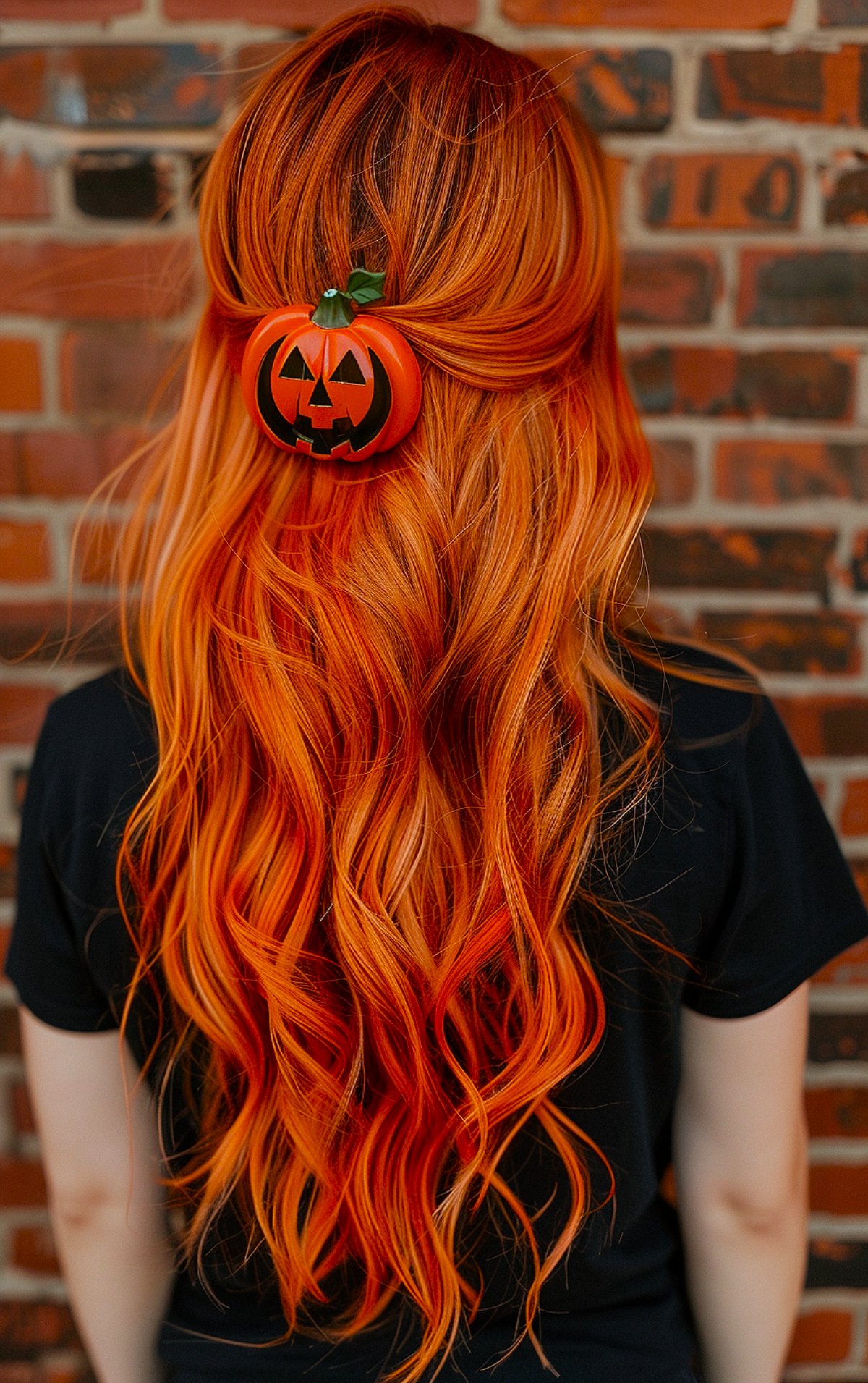 Orange-themed Halloween hair with waves and a pumpkin hair clip