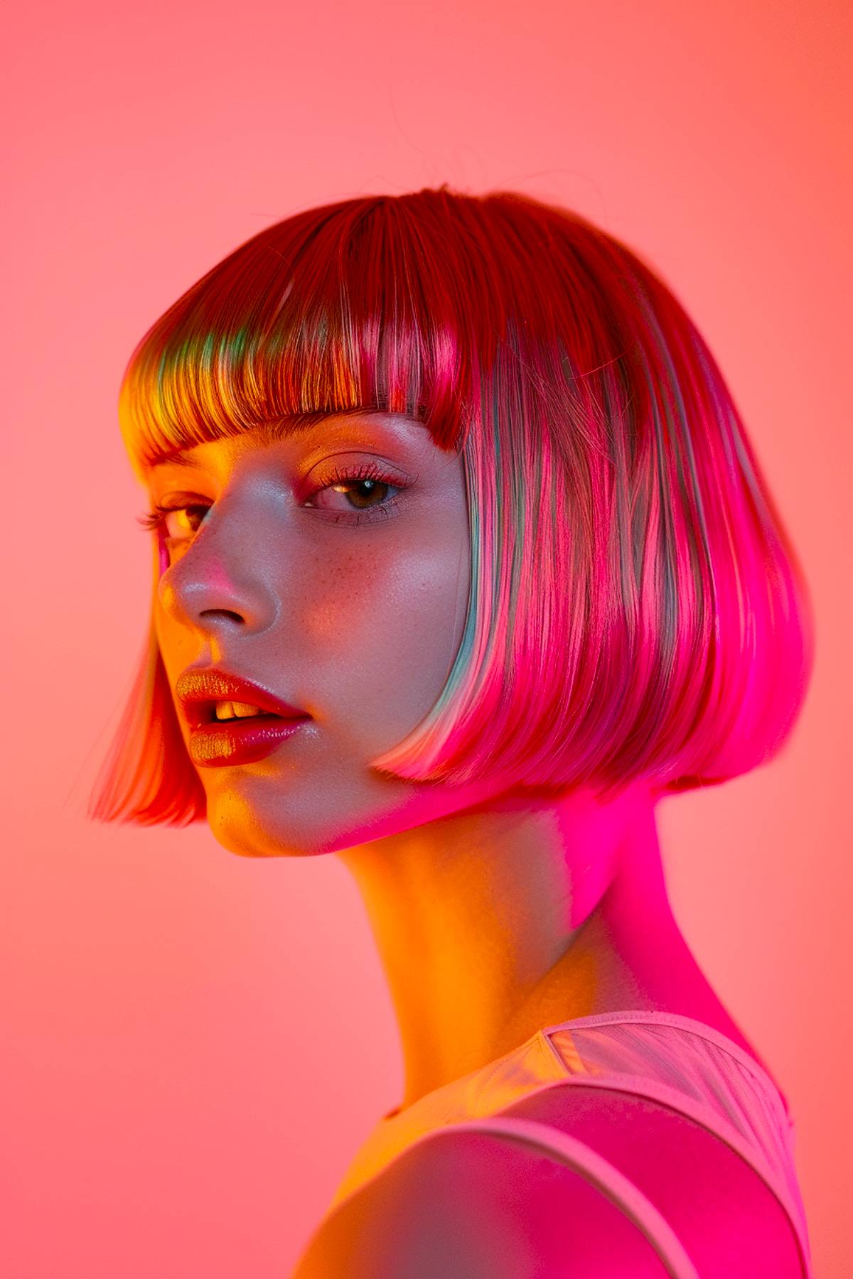 Orbit cut featuring a rounded jawline bob and full bangs for straight, medium-density hair