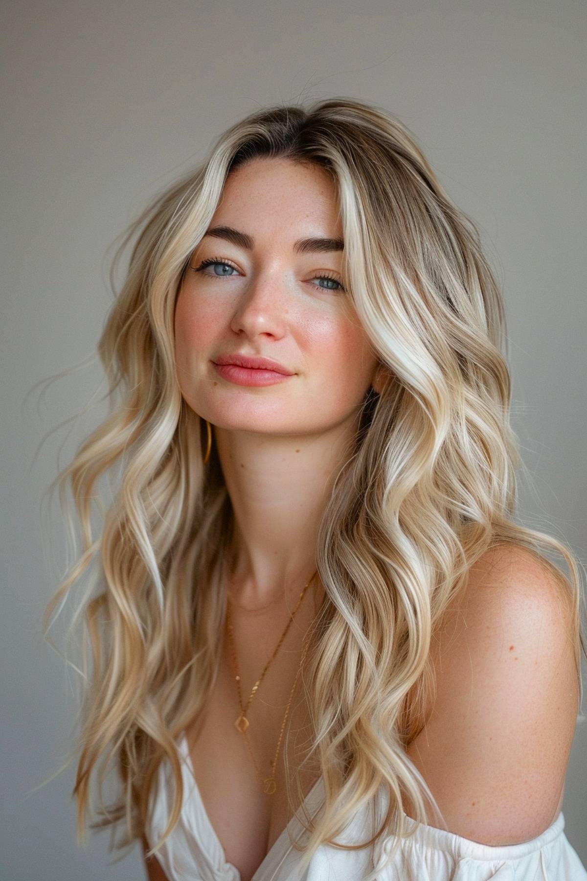 Oyster blonde hair color showcasing soft balayage on long-length hair