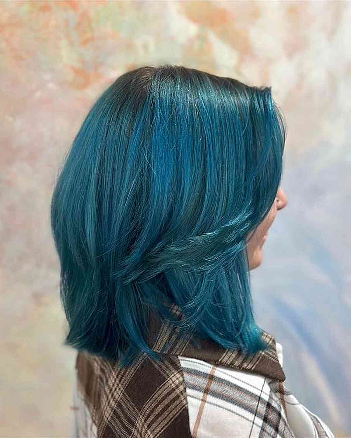 Painted Blue Green Balayage with Shadow Root on Feathered Medium-Length Hair