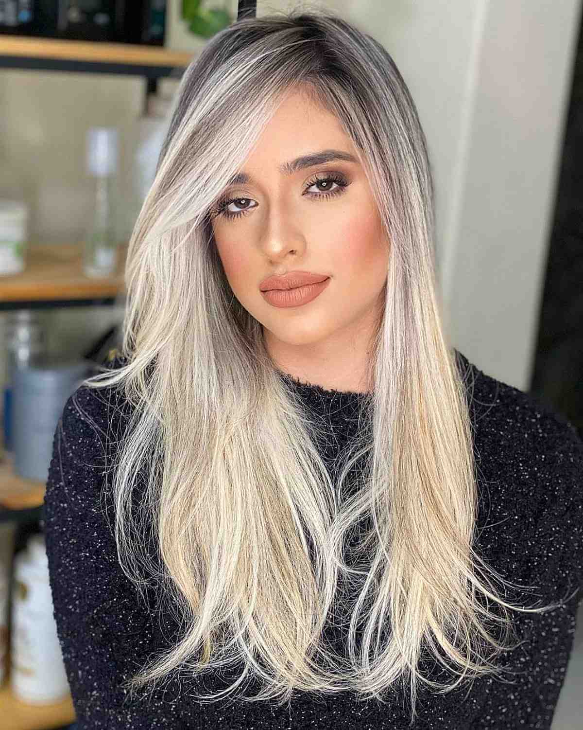 Pale Long Blonde Hair with Black Roots