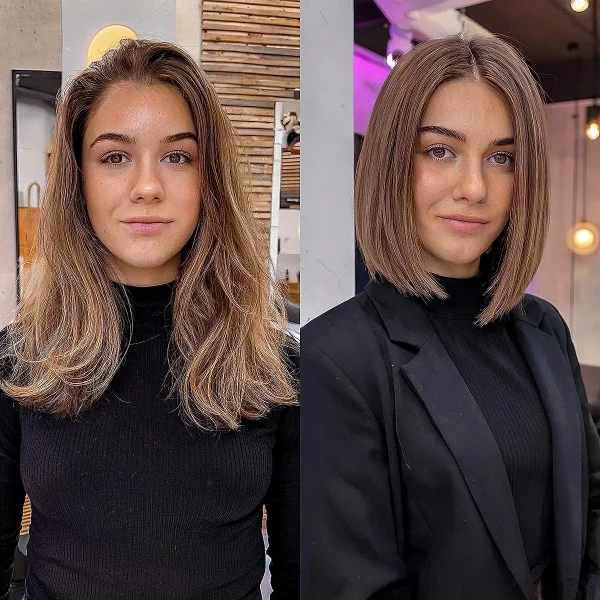 A Parted Asymmetric Blunt Bob Cut at Neck-Length for women in their 30s