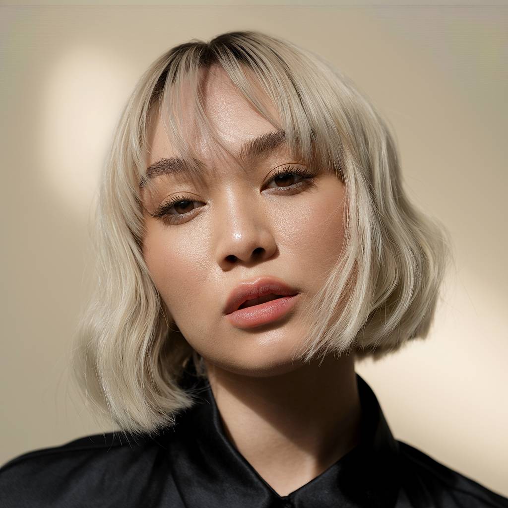 Platinum blonde wavy bob with wispy curtain bangs, styled with soft texture for a chic, modern look