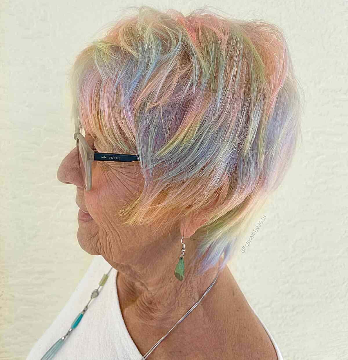 Pastel Holographic Highlights for Older Women's Short Haircut