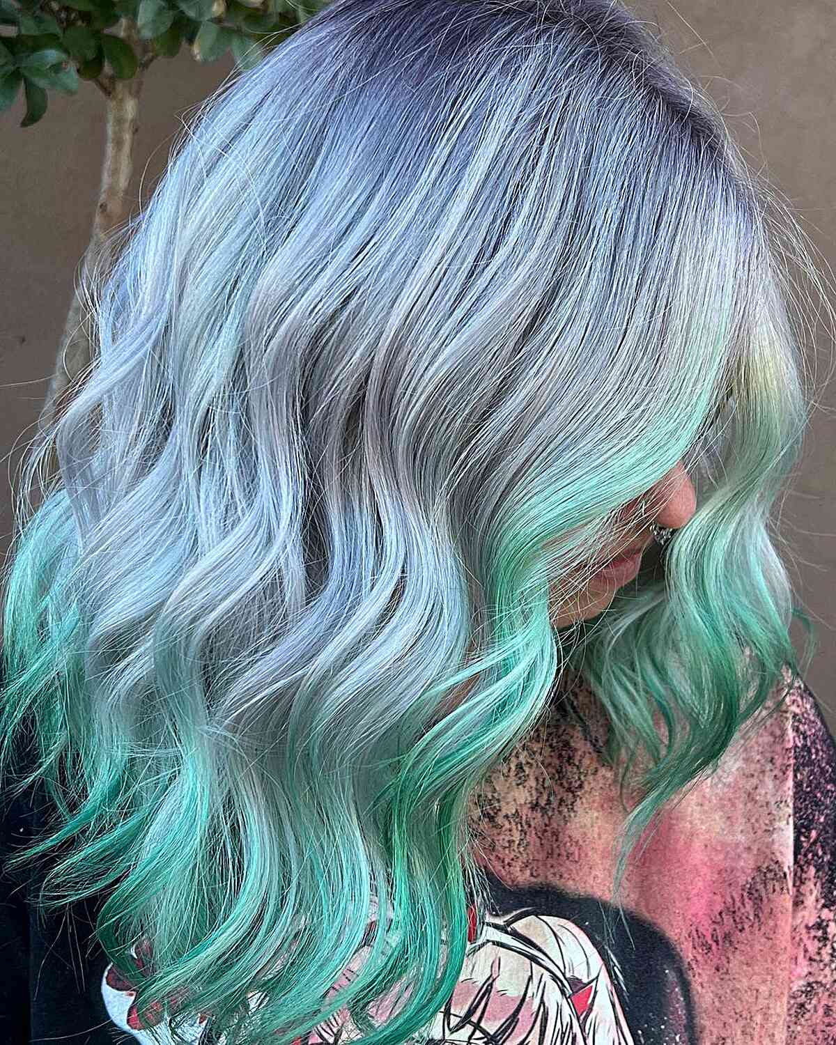 Pastel Light Blue with Green Dip Dye on Medium Hair