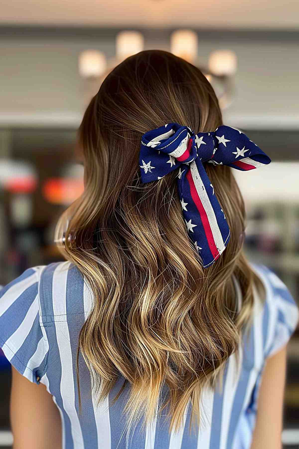 Wavy hair with a large patriotic bow for 4th of July