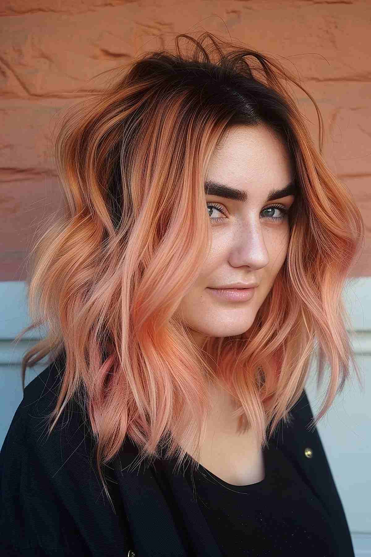 Stylish messy waves in peach with natural dark roots, offering a dynamic, low-maintenance look ideal for adding warmth and modern flair.