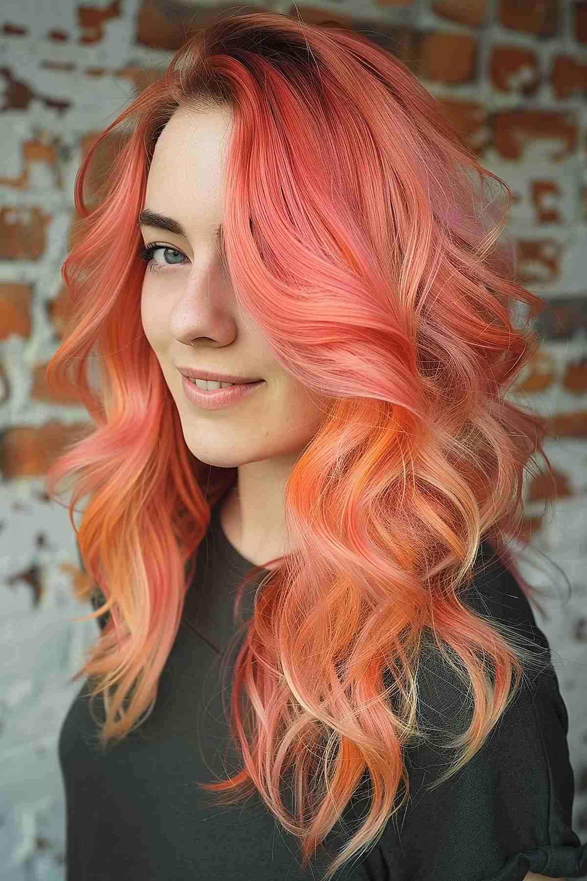 Voluminous curls in a seamless peach coral melt, transitioning from vibrant coral roots to soft peach ends, perfect for adding warmth and depth to fair to medium skin tones.