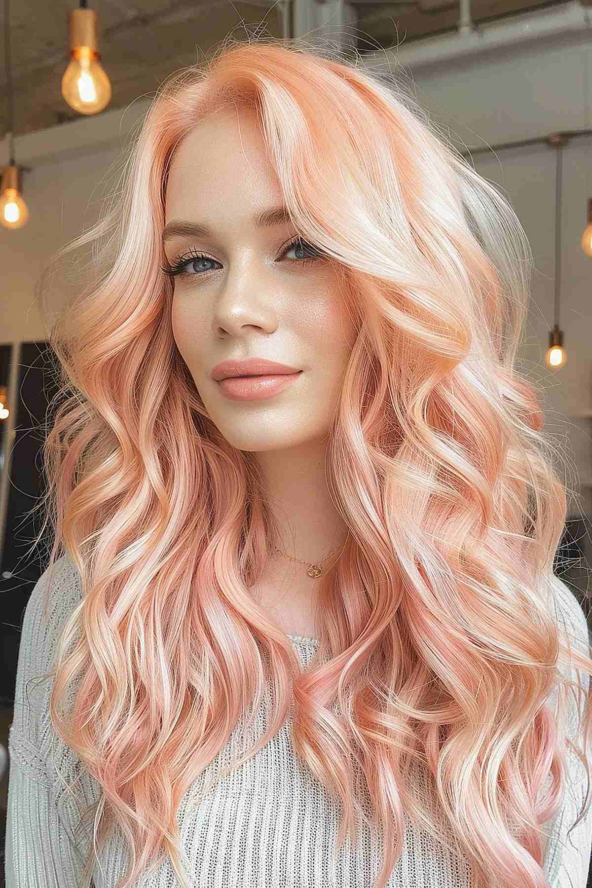 Luminous peach pastel waves blending with blonde highlights, offering a soft, ethereal look that enhances lighter skin tones with a gentle glow. 