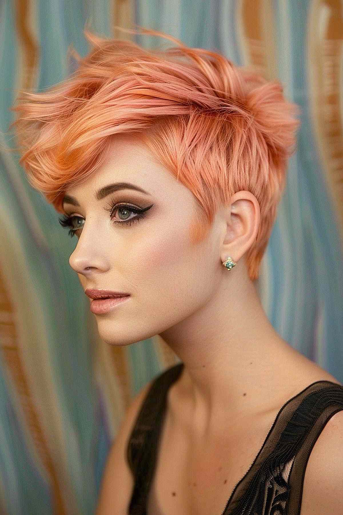 Chic and modern peach pop pixie cut with textured layers adding volume and depth, enhancing facial features while being easy to maintain.