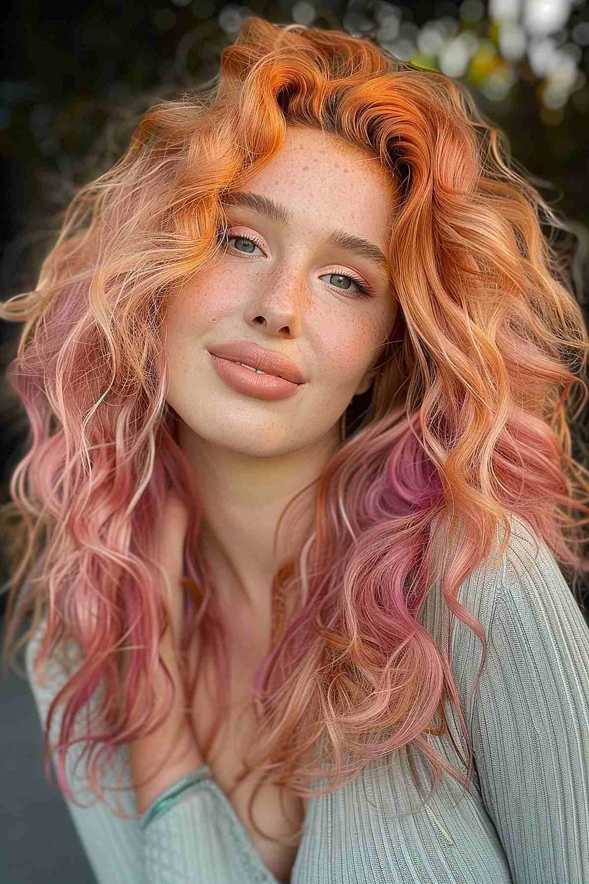 Luxurious curls in a gradient of orange, peach, and pink hues, creating a bold and voluminous style that enhances facial features with a warm glow.