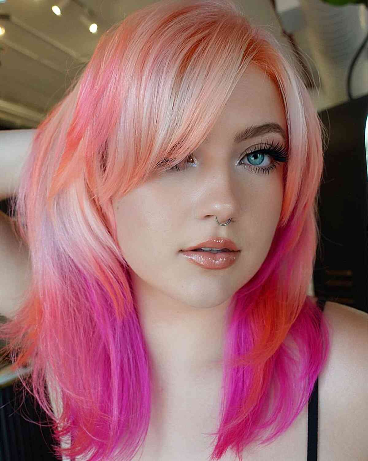 Peach to Pink Ombre hair for mid-length hair
