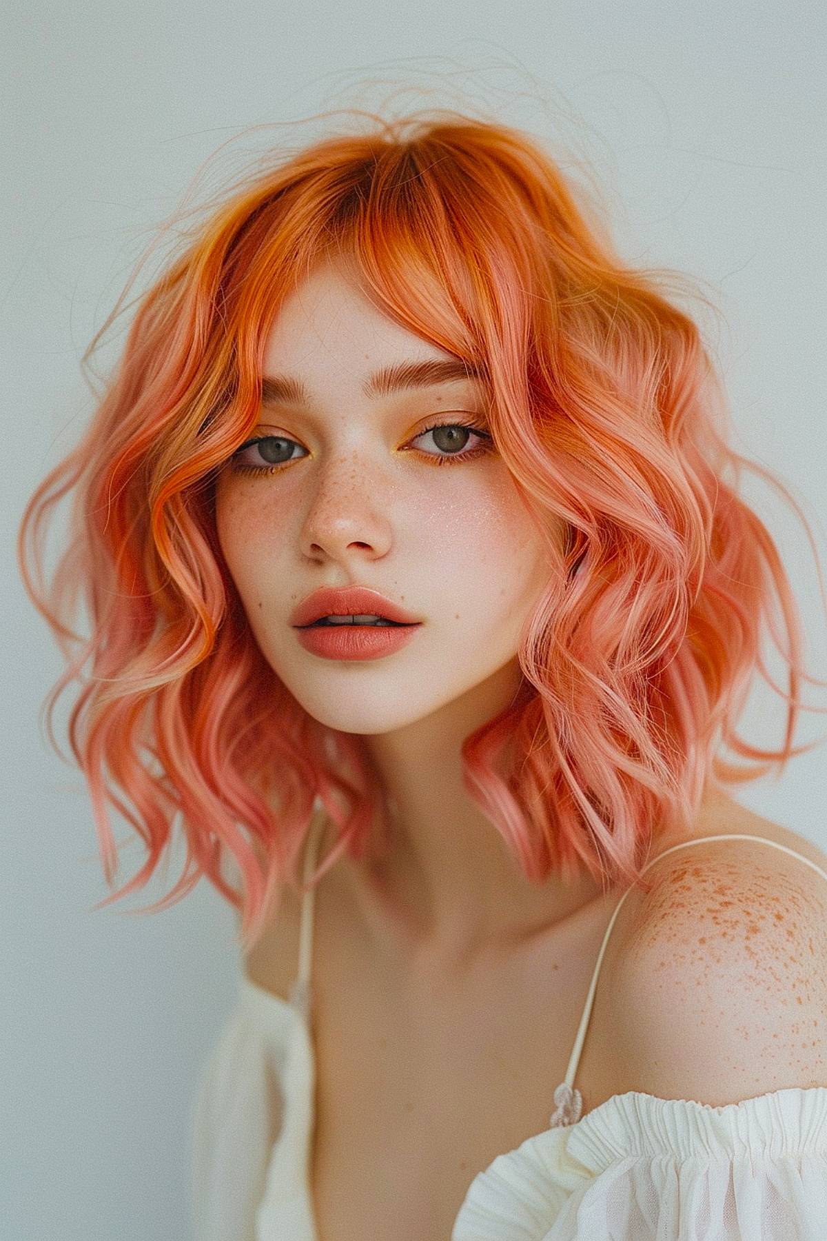 Shoulder-length peachy wavy hairstyle with layers