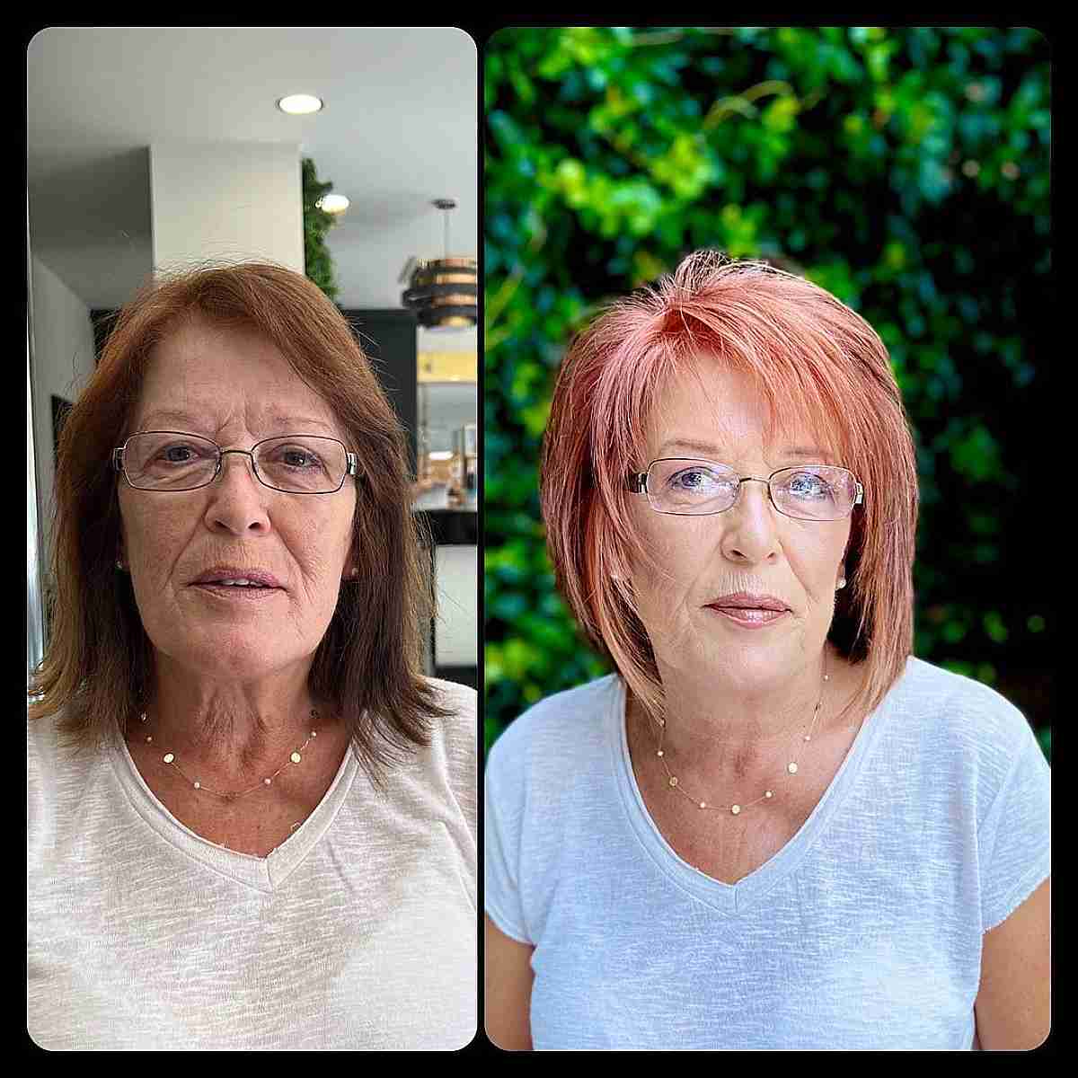 Peachy Pink Face-Framing Bob Cut for 60-Year-Olds with Glasses
