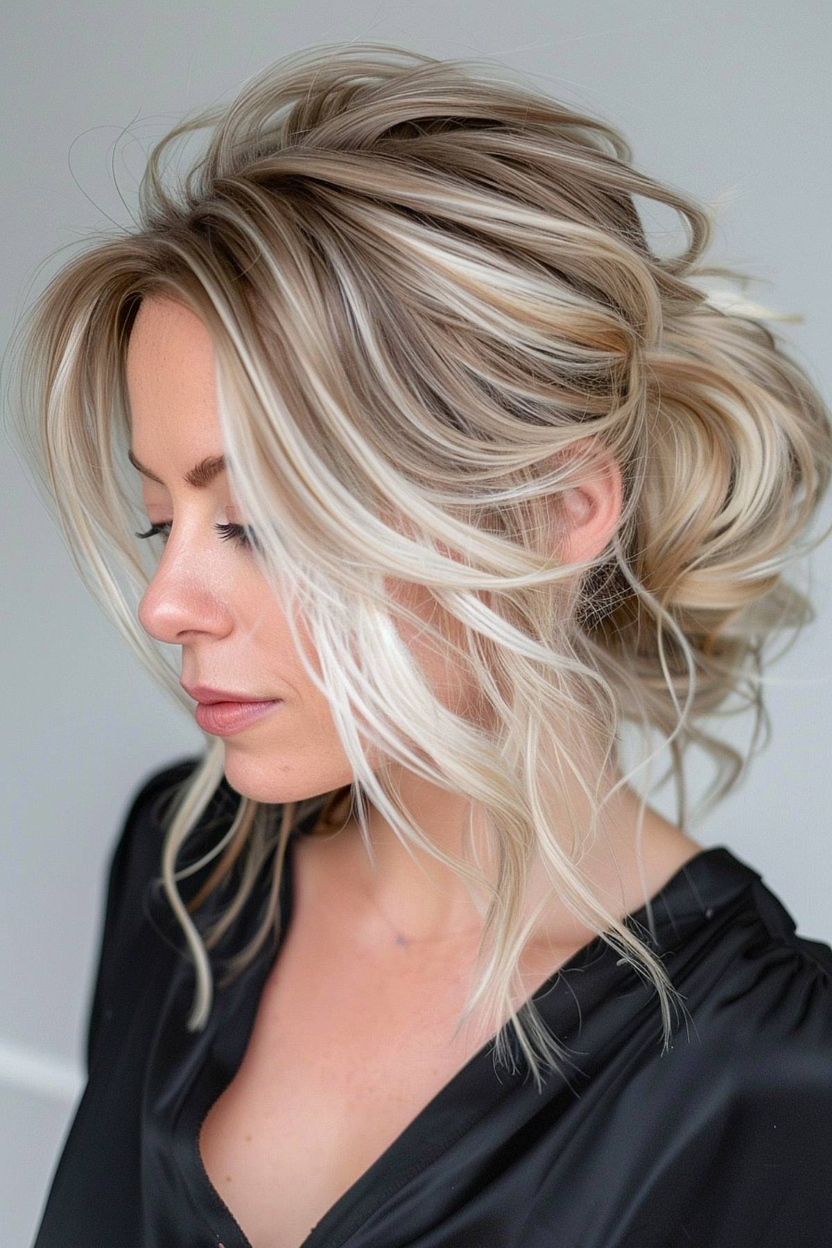 Ash blonde hair with pearly highlights and a cool finish