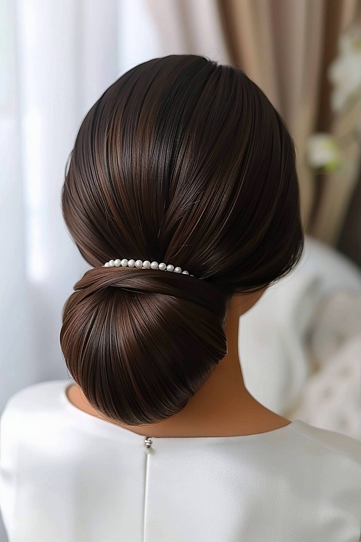 Pearldrop Knot updo with sleek low bun and pearl accents