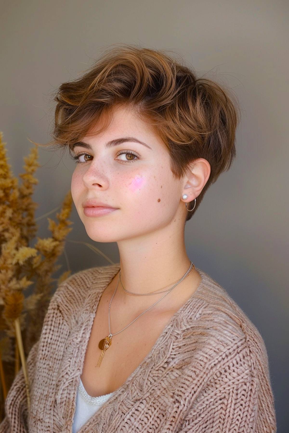 Soft brown wavy pixie haircut with natural texture