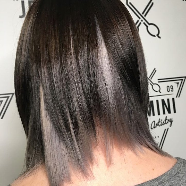 Sleek Black Hair with Grey Peekaboo Highlights