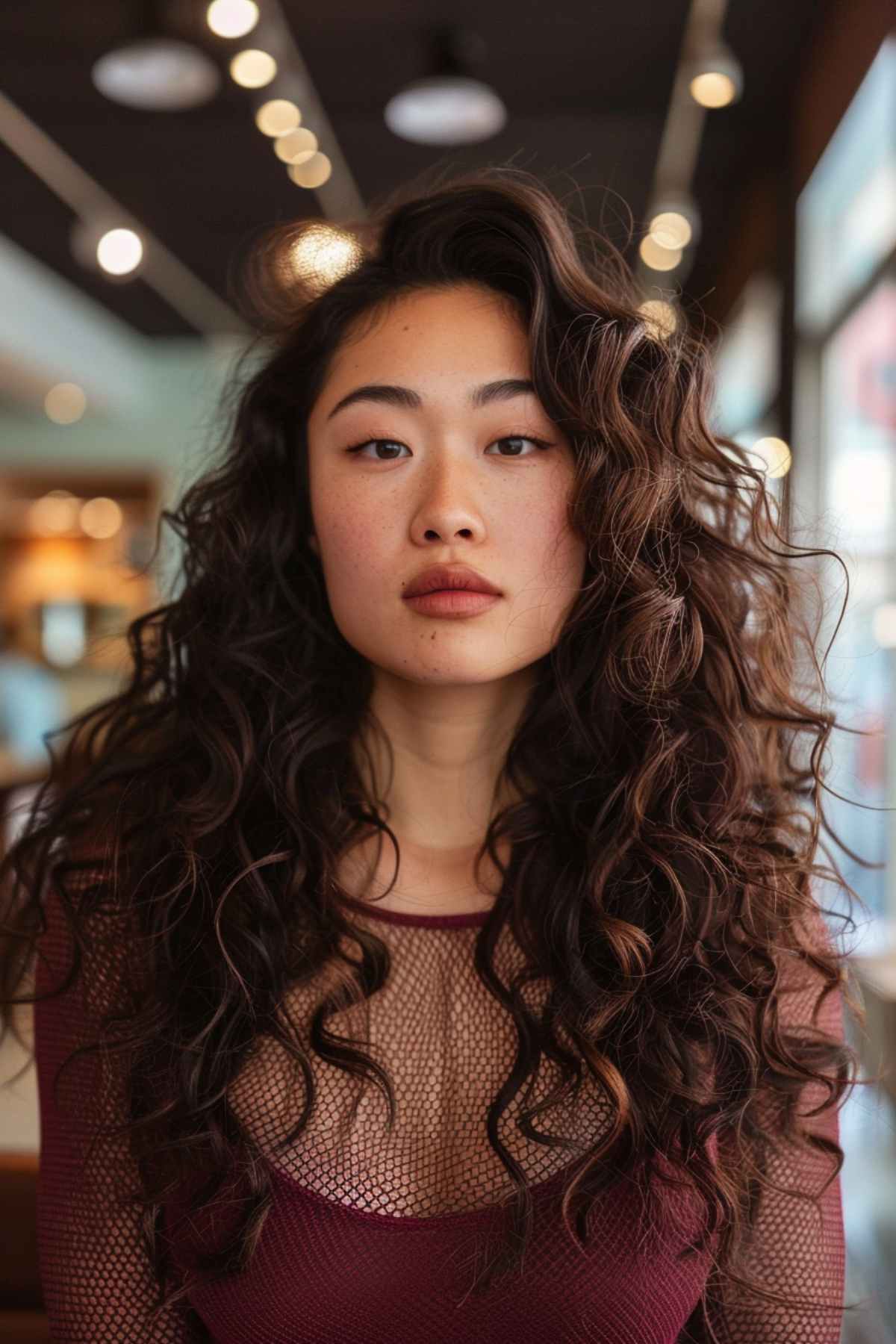 Voluminous permed long hair with defined curls for asian women