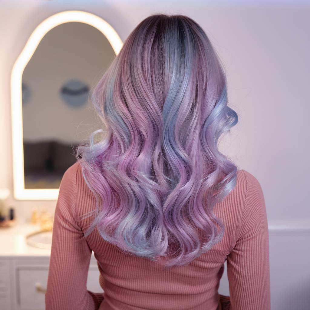 Long wavy pastel hair with a mix of lavender, pink, and blue tones, creating a multidimensional spring color blend