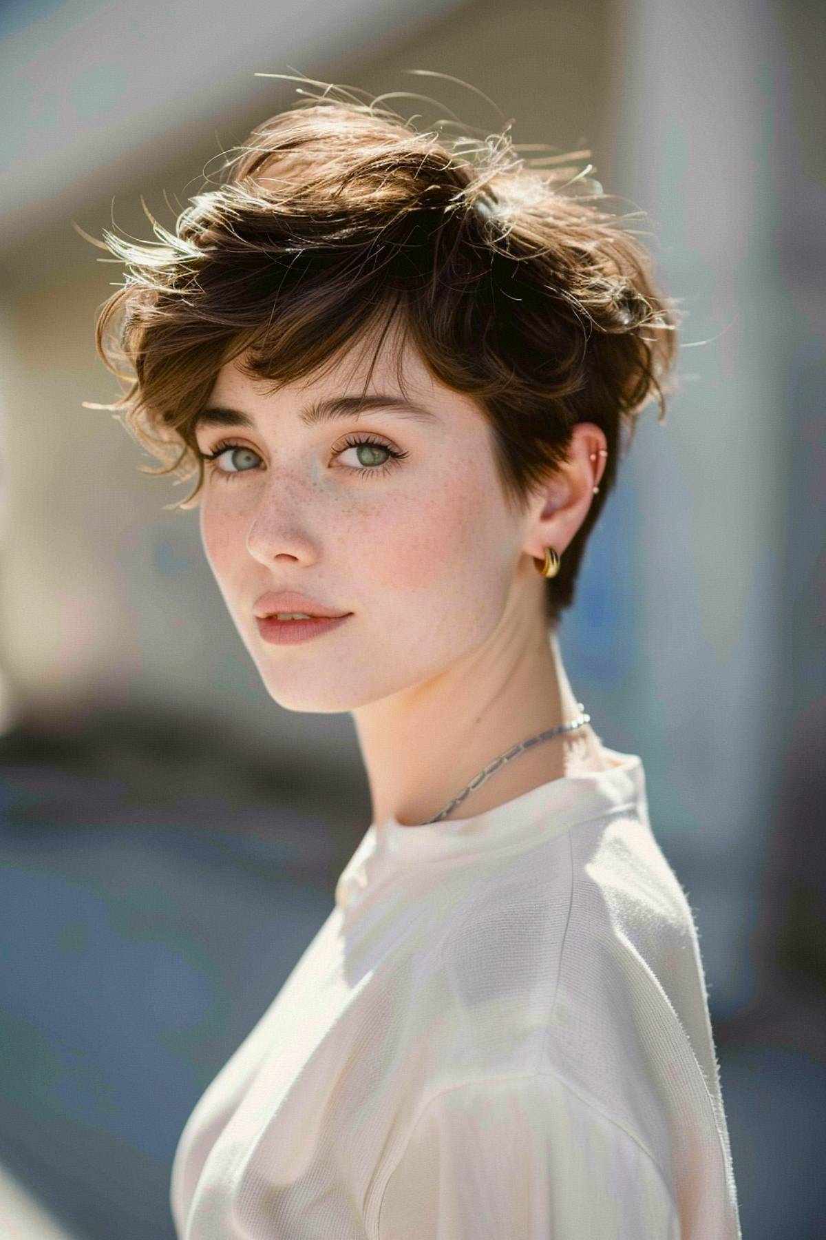 Soft pixie haircut with wispy bangs