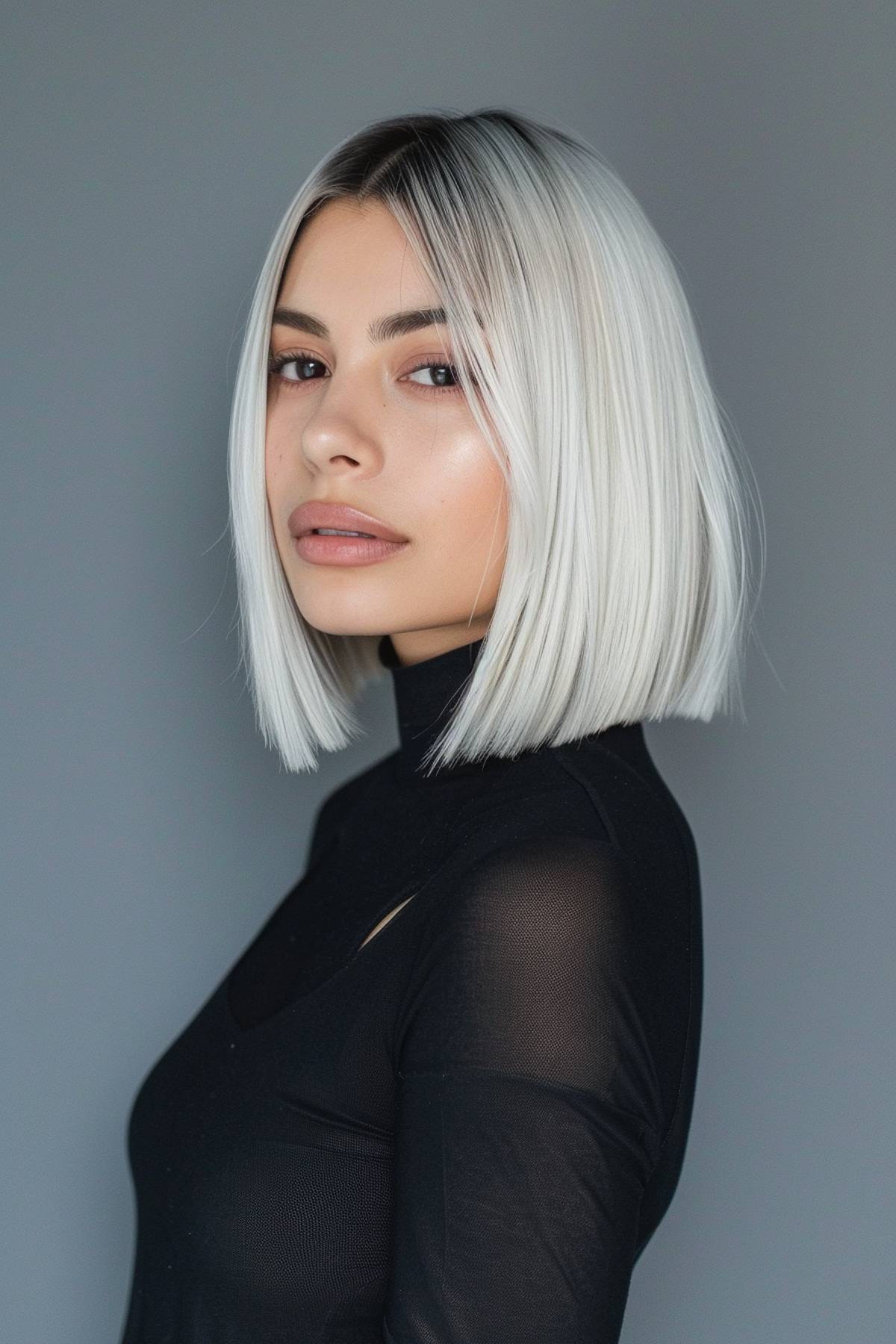 Phantomlight bob with clean blunt ends and platinum blonde with shadow roots 