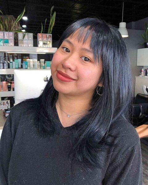 A Piecey Bangs and Subtle Layers on Medium, Dark Hair and Rounder Faces