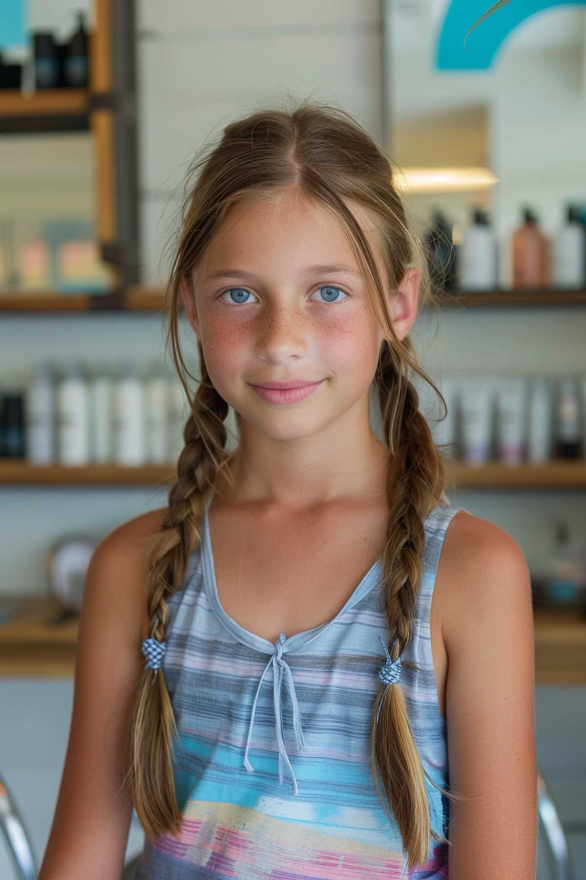 Girl with classic long pigtail braids, ideal hairstyle for kids