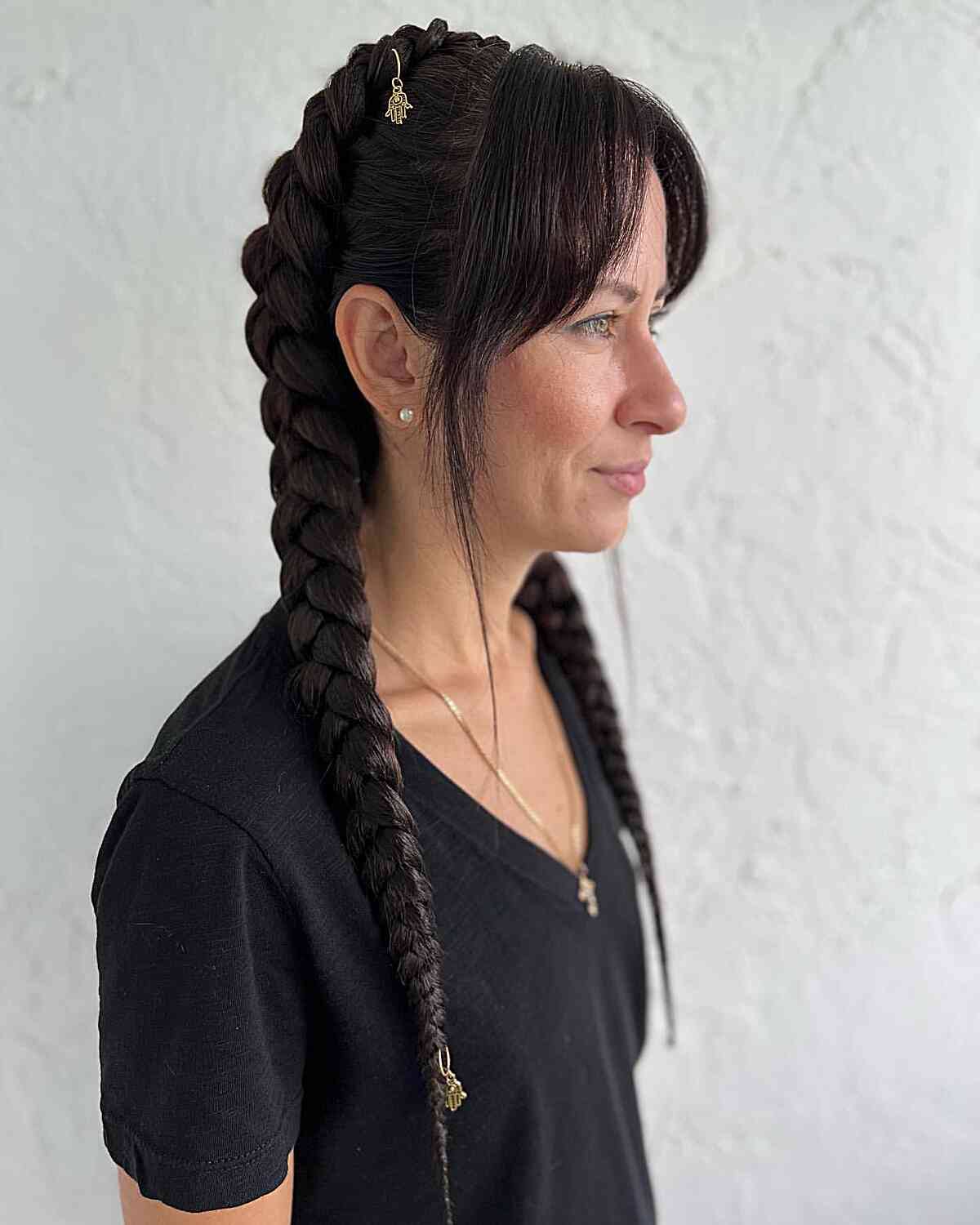 Chest-Length Pigtail Braids with Bardot Bangs