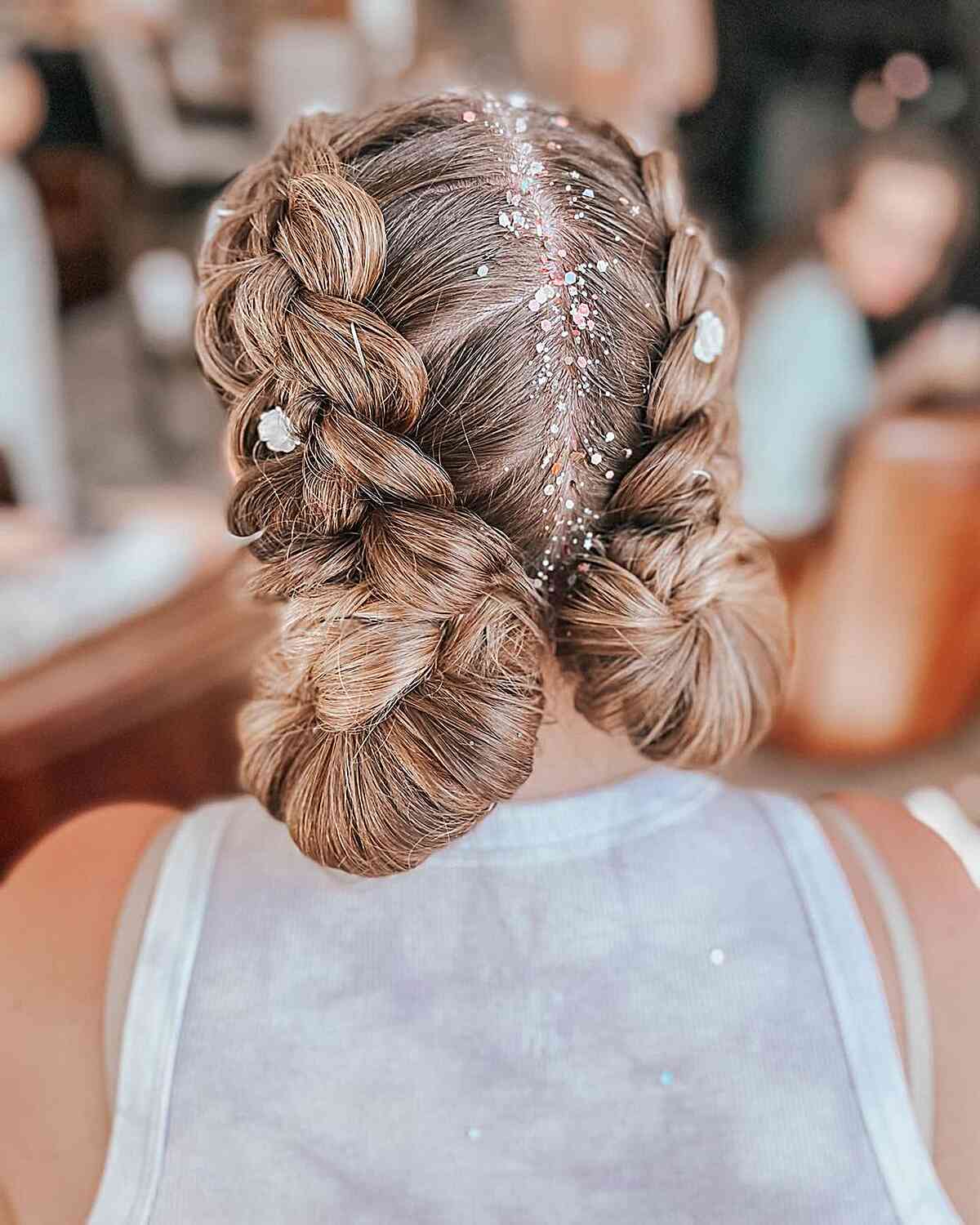 Pigtail Double Braids Updo with Glitters