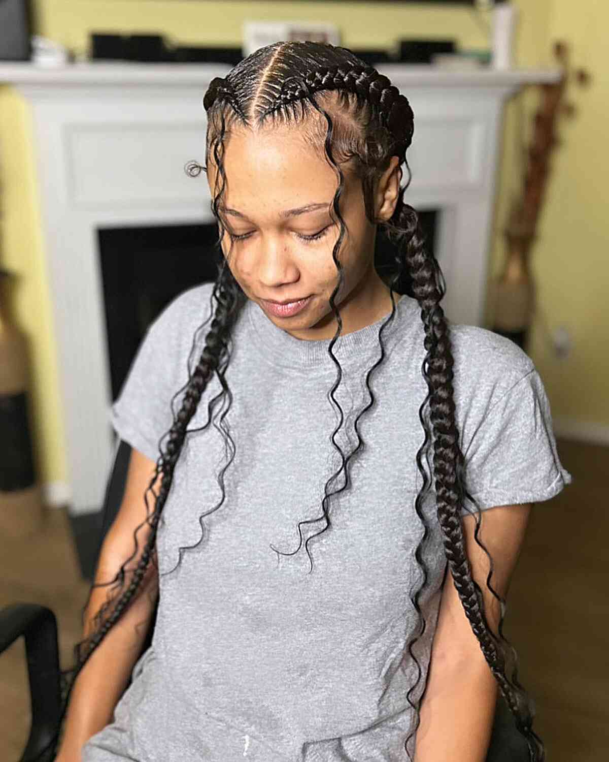 Pigtail Long Feed-In Braids with Curly Pieces