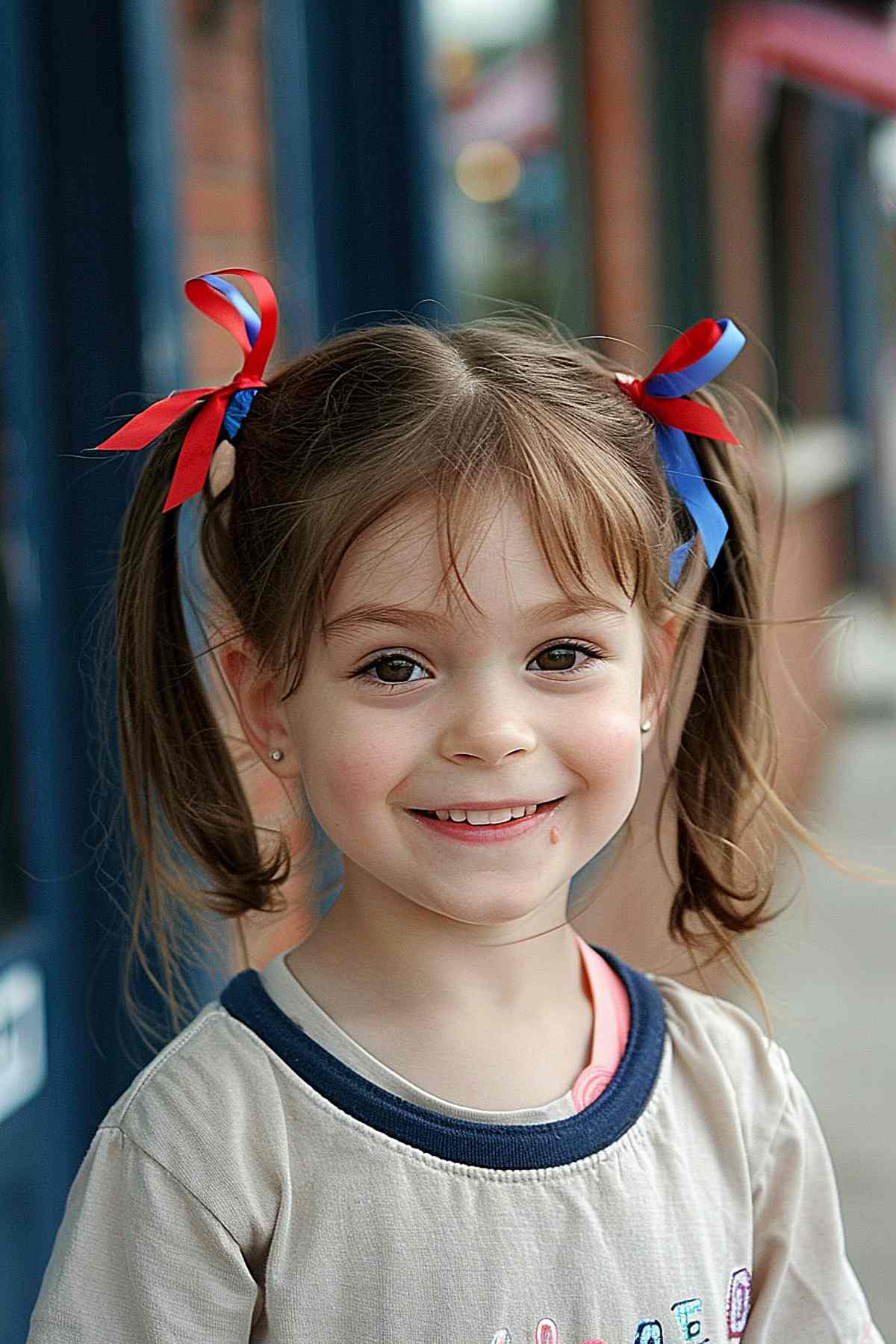 Young girl with medium length pigtails tied with red and blue bows for 4th of July