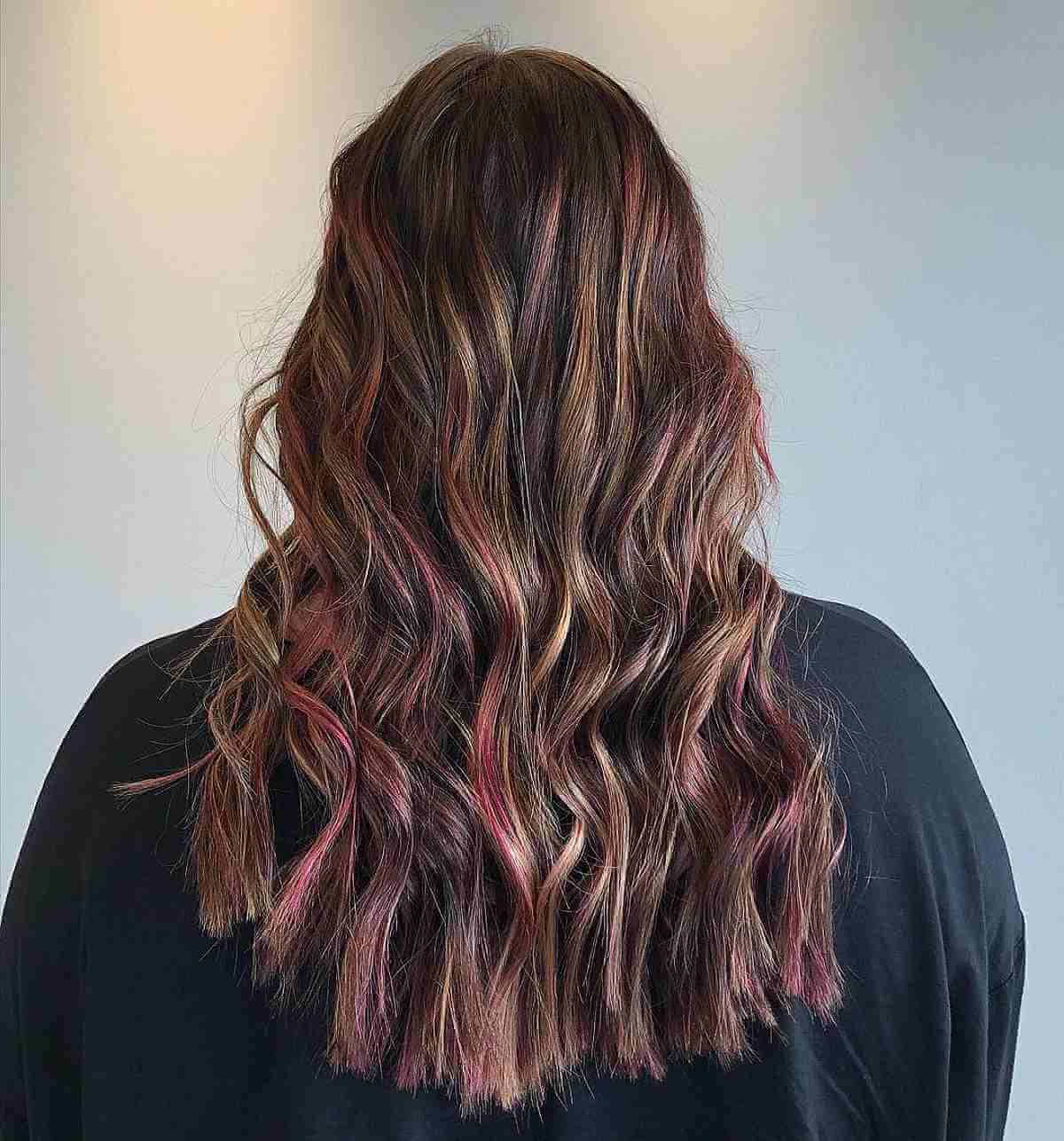 Pink and Bronze Highlights on Dark Brown Hair