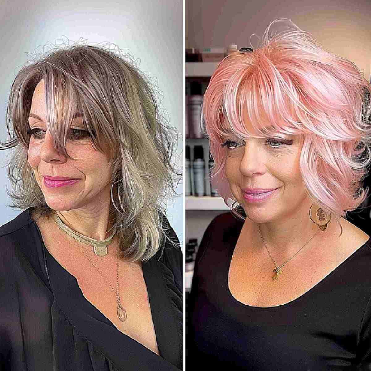 Pink and Feathered Bob Cut for Ladies in their 40s