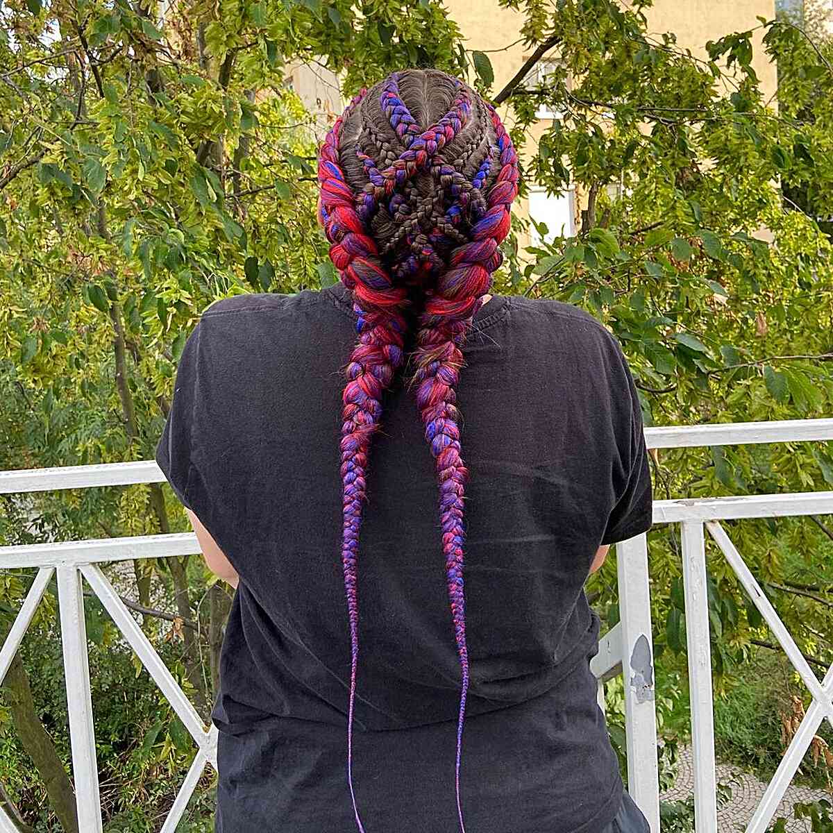 Long-Length Pink and Purple Kanekalon Braids in Pigtails