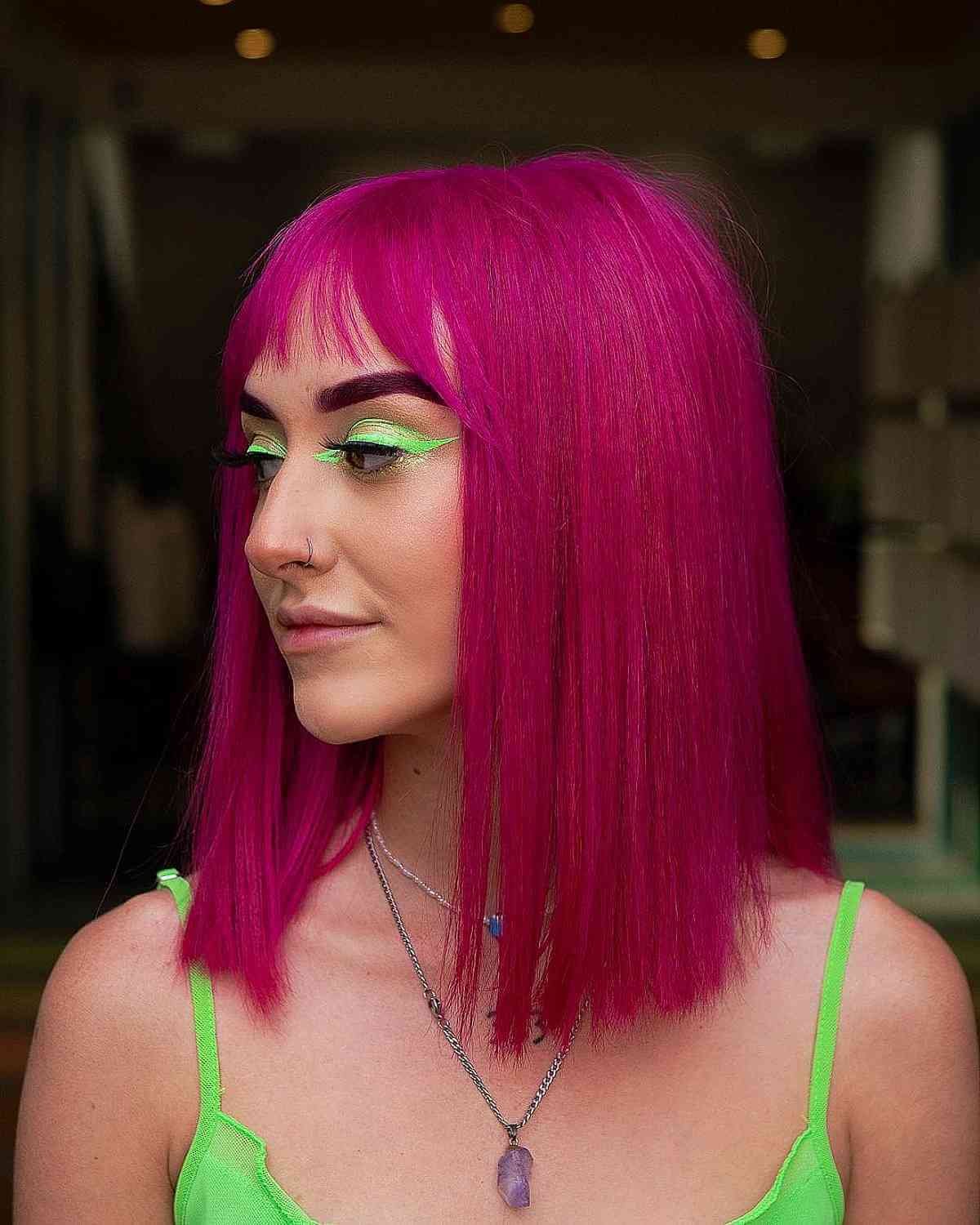 Pink One-Length Lob Cut with Fringe