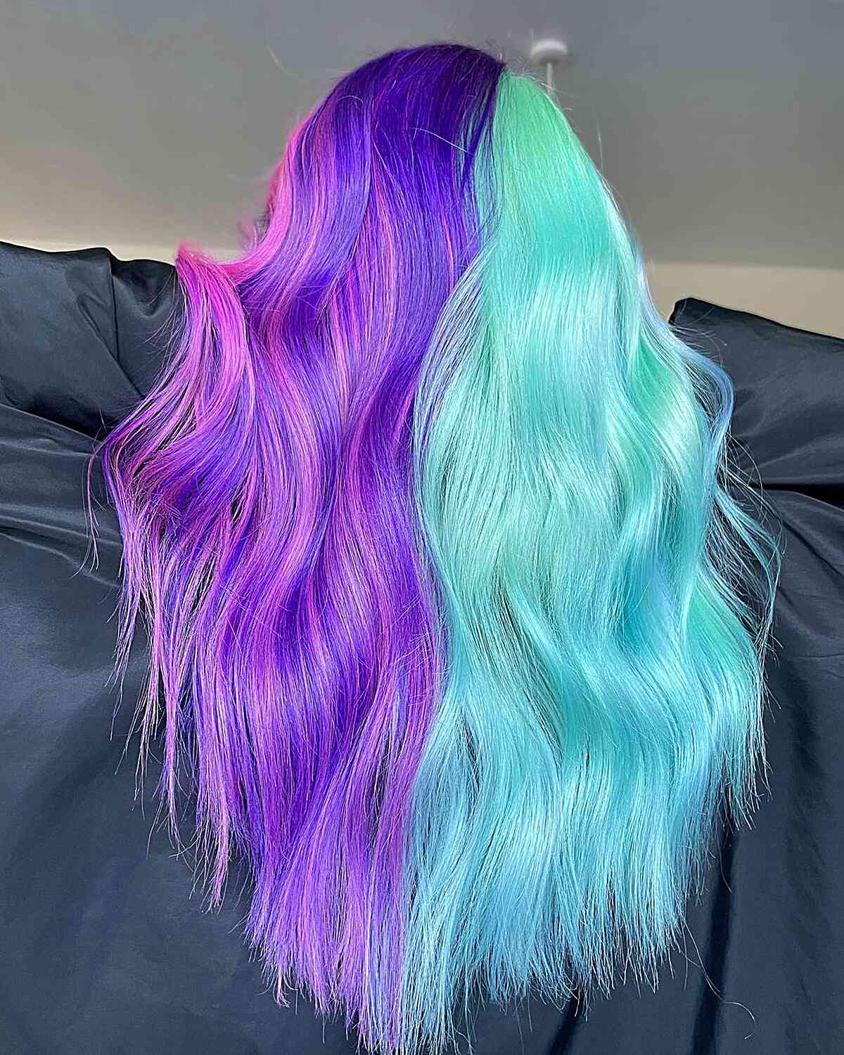 Pink-Purple and Teal Split Dye for Long Wavy Hair