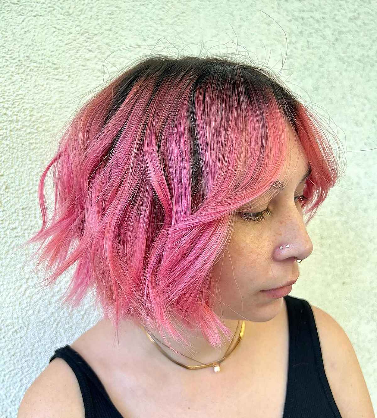 Pink Short Hair with Middle-Parted Bangs
