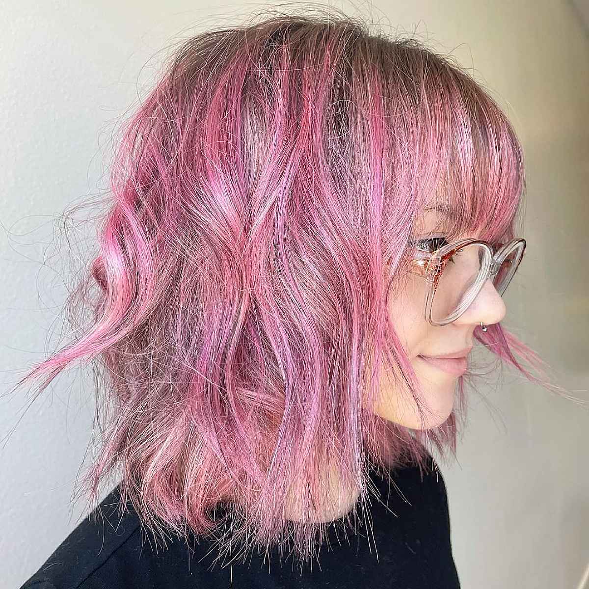 Pink Textured Lob with Layers and Bangs