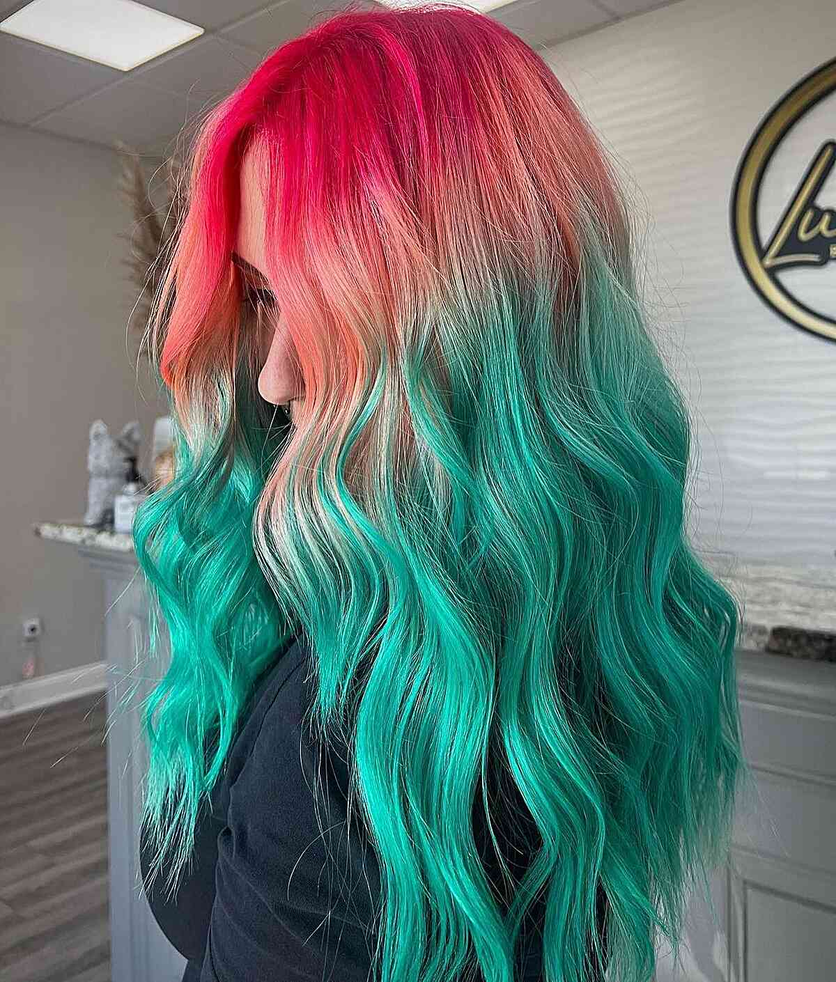 Pink to Peach to Teal Long Ombre