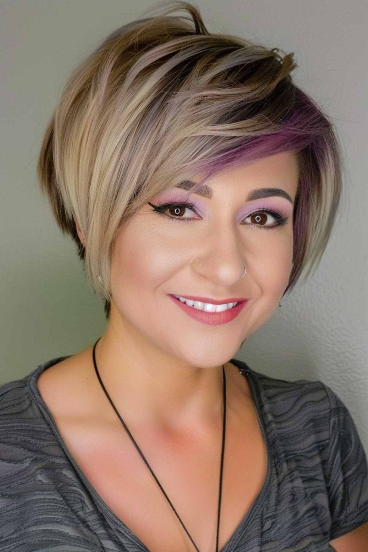 Pixie bob with blonde and purple highlights and layered cut